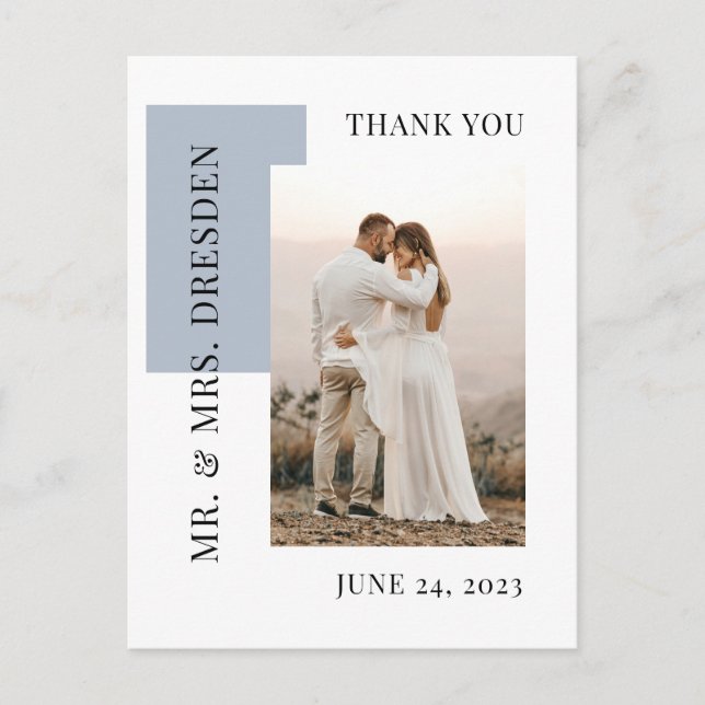 Modern Photo Dusty Blue Wedding Thank You Postcard (Front)