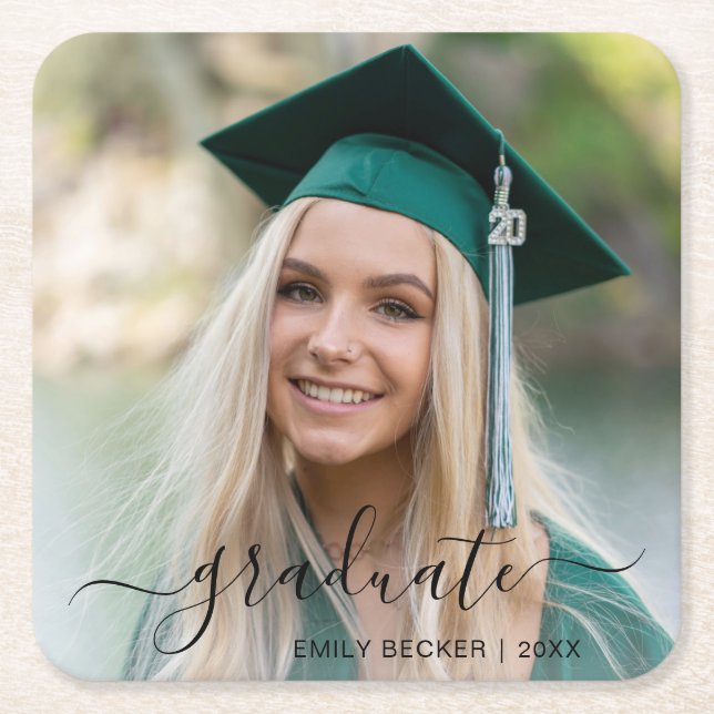 Modern Photo Elegant Graduation Square Paper Coaster (Front)