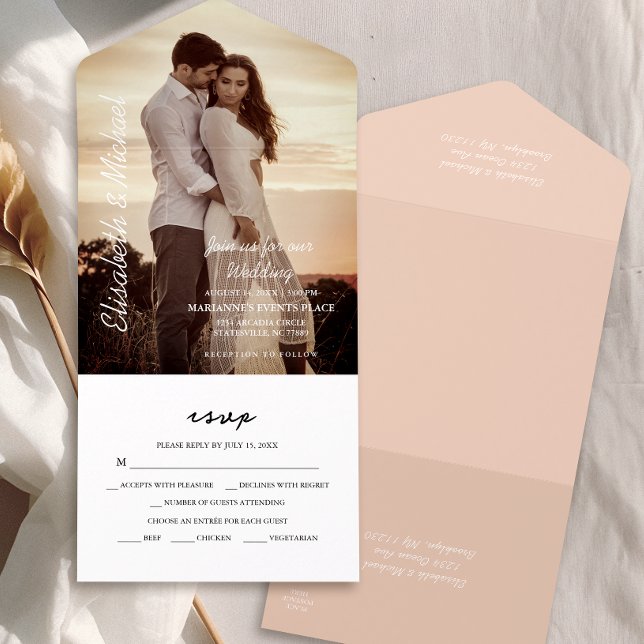 Modern Photo Elegant Peach Wedding All In One Invitation (Simplify your wedding with our all-in-one invitation – convenience and beauty in a single card.)