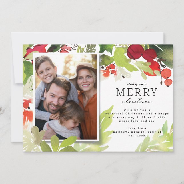 Modern photo elegant red and green Christmas Holiday Card (Front)