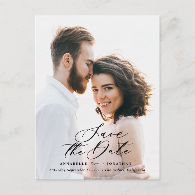 Modern photo elegant script watercolor botanical   announcement postcard (Front)