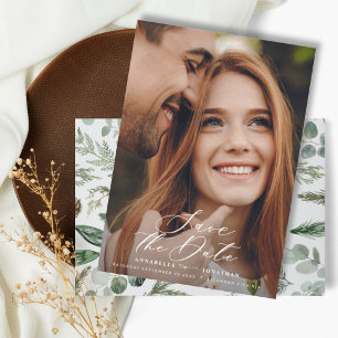 Modern photo elegant script watercolor botanical  save the date