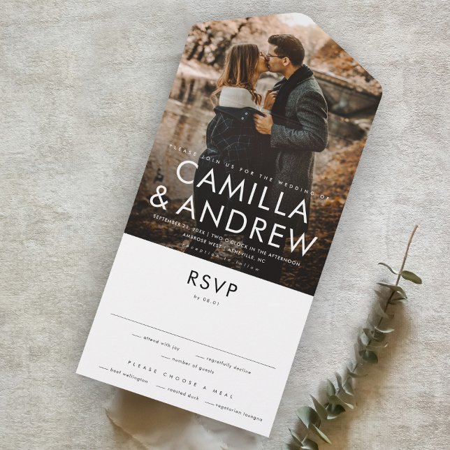 Modern Photo Elegant Stylish RSVP Wedding All In One Invitation (A simple modern photo wedding invitation with typographic overlay and tear-off rsvp card.)