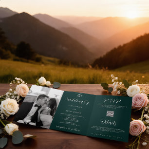 Modern Photo Emerald Green All-in-One Wedding Tri-Fold Programme