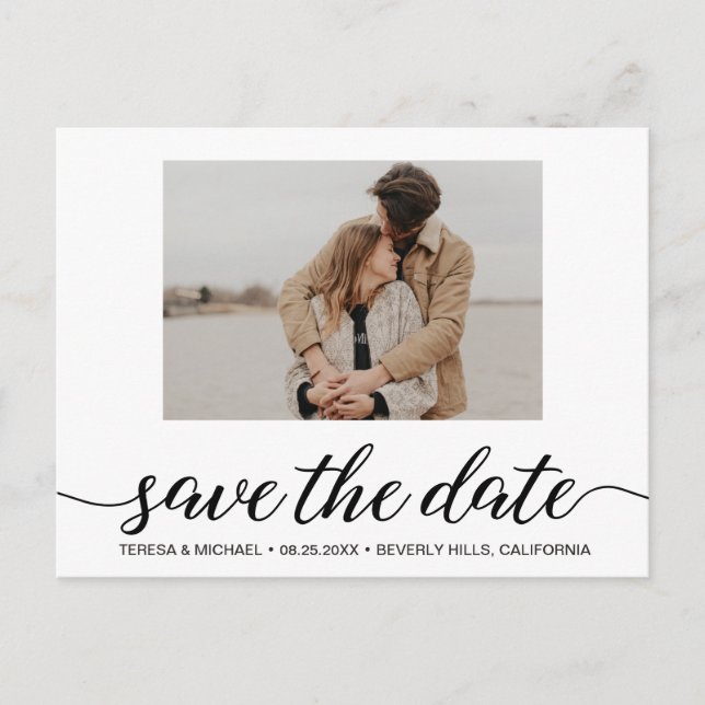Modern Photo Engagement Save The Date script Postcard (Front)