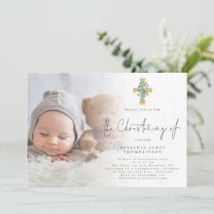 Modern Photo Eucalyptus Cross Christening  Invitation