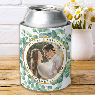 Modern Photo Eucalyptus Greenery Gold Wedding Can Cooler