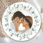 Modern Photo Eucalyptus Personalised Wedding Round Paper Coaster<br><div class="desc">Add the finishing touch to your wedding with these custom photo eucalyptus botanical greenery wedding coasters. Perfect as wedding favours to all your guests . Customise these wedding favours with your favourite wedding photo, newlywed photo, and personalise with name and date. See our wedding collection for matching wedding favours, newlywed...</div>
