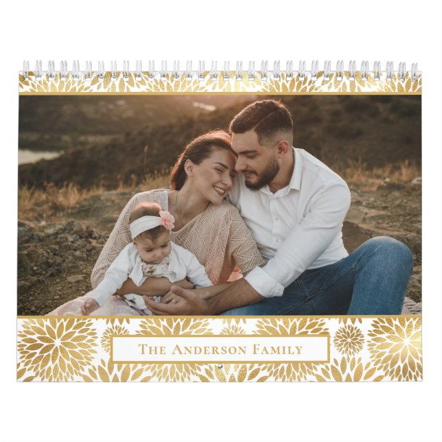 Modern Photo Family Elegant Gold Foil Floral Calendar (Cover)