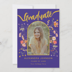 Modern Photo Floral Blue Graduation Party Invitation