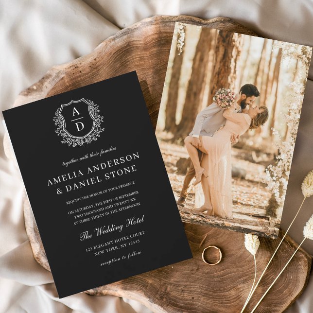 Modern Photo Floral Crest Monogram Wedding Formal Invitation (Creator Uploaded)