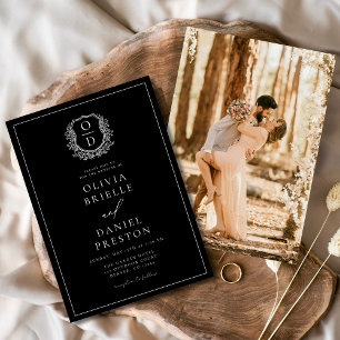 Modern Photo Floral Crest Monogram Wedding Formal Invitation