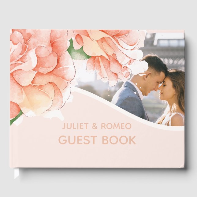 Modern Photo Floral Elegant Wedding Guest Book (Front)