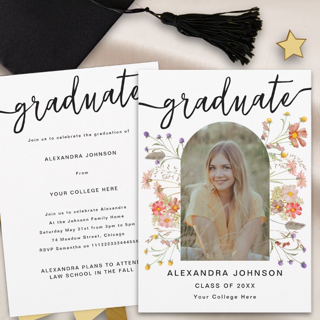 Modern Photo Floral Graduation Announcement Party (Modern arch photo script watercolor floral graduation announcement party invitation )