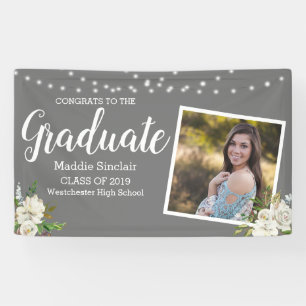Modern Photo Flowers String Lights Graduation Banner