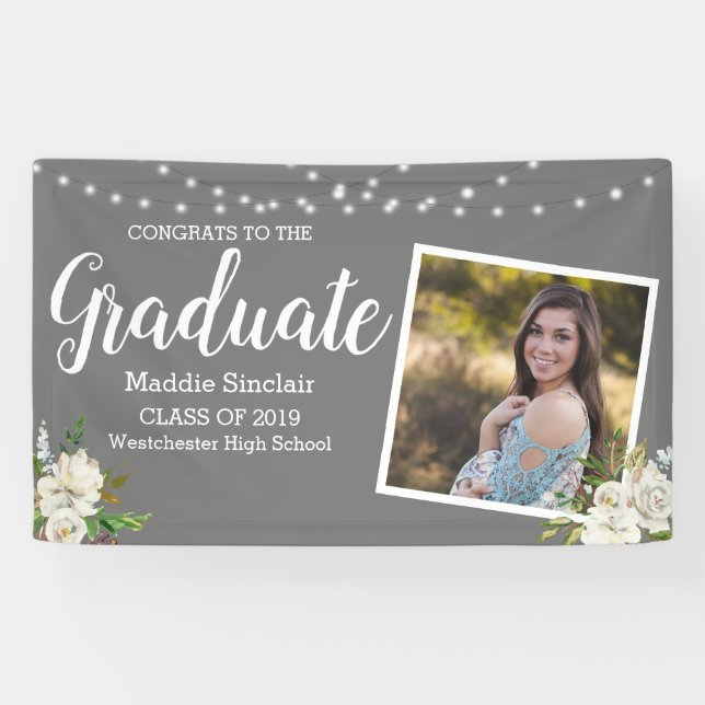 Modern Photo Flowers String Lights Graduation Banner (Horizontal)