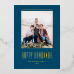 Modern Photo Frame Blue Happy Hanukkah Foil Holiday Card<br><div class="desc">Happy Hanukkah! Send Hanukkah wishes to family and friends with this customisable gold foil Hanukkah card. It features modern typography and a simple photo frame. Personalise by adding names and a photo. This gold foil Happy Hanukkah card is available on other cardstock.</div>