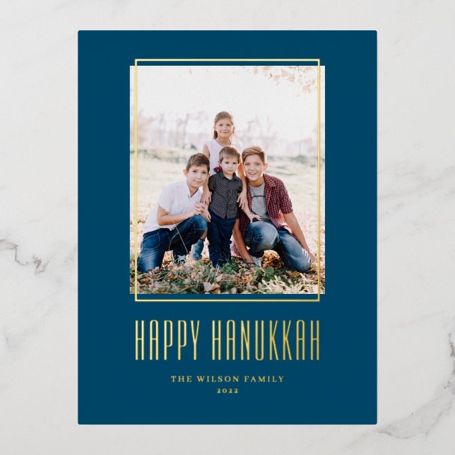 Modern Photo Frame Blue Happy Hanukkah Foil Holiday Postcard (Front)
