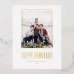 Modern Photo Frame Happy Hanukkah Foil Holiday Postcard<br><div class="desc">Happy Hanukkah! Send Hanukkah wishes to family and friends with this customisable gold foil Hanukkah postcard. It features modern typography and a simple photo frame. Personalise by adding names and a photo. This gold foil Happy Hanukkah postcard is available on other cardstock.</div>