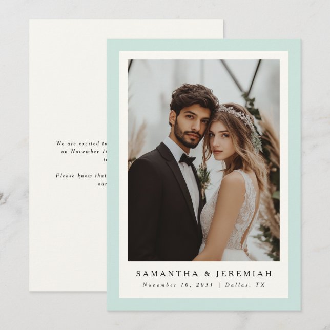Modern Photo Frame Mint Green Wedding Announcement (Front/Back)