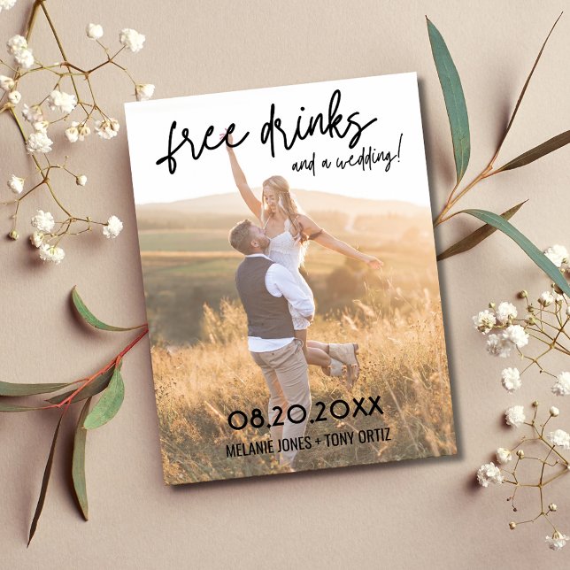 Modern Photo Free Drinks Wedding Save the Date Announcement Postcard (Modern Photo Free Drinks Wedding Save the Date)