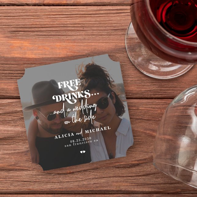 Modern photo free drinks wedding save the date paper coaster (Creator Uploaded)