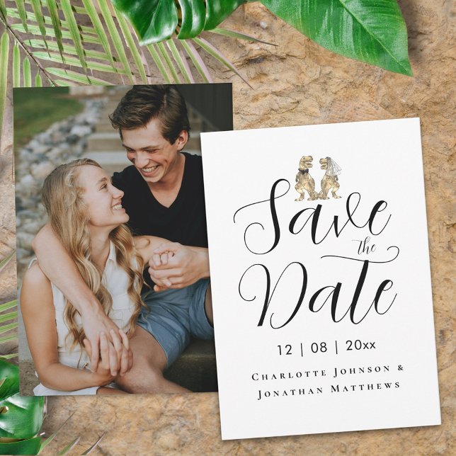 Modern Photo Fun Dinosaur Bride & Groom Wedding Save The Date (Funny Dinosaur wedding modern photo save the date invitation T-Rex dino bride & groom elegant script)