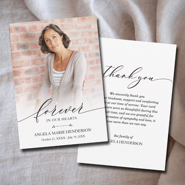 Modern Photo Funeral Memorial Sympathy Thank You Card (Forever in our Hearts celebration of life photo flat thank you cards 3.5" x 5" (or larger))