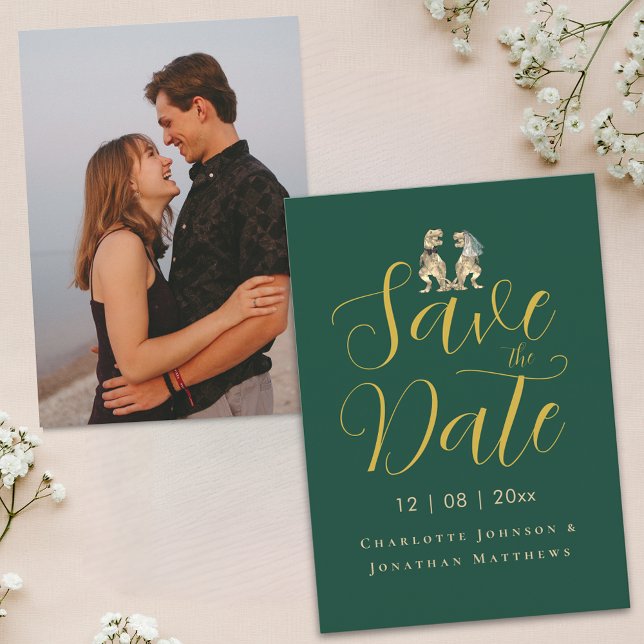 Modern Photo Funny Dinosaur Wedding Save The Date (Modern photo elegant script dinosaur theme wedding save the date dark green and gold invitation)