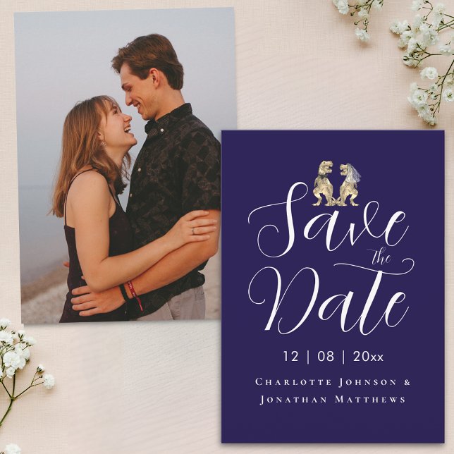 Modern Photo Funny Dinosaur Wedding Save The Date (Modern photo dinosaur theme wedding save the date elegant script navy blue and white invitation)