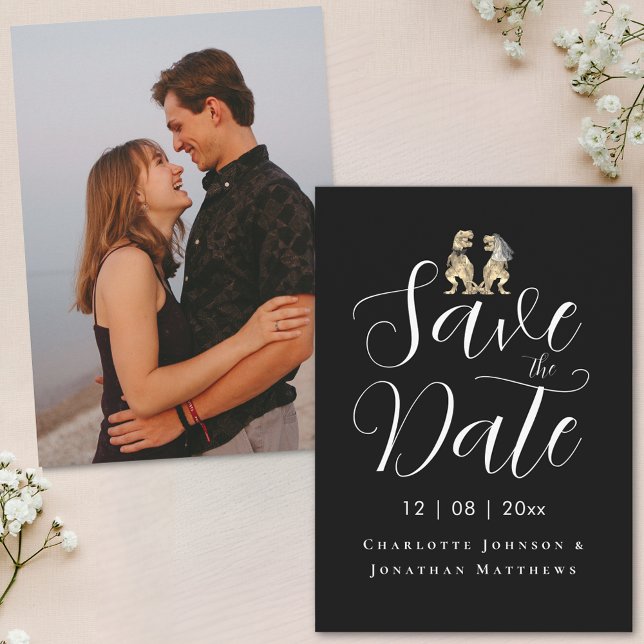 Modern Photo Funny Dinosaur Wedding Save The Date (Modern photo dinosaur theme wedding save the date elegant script black and white invitation T-Rex)