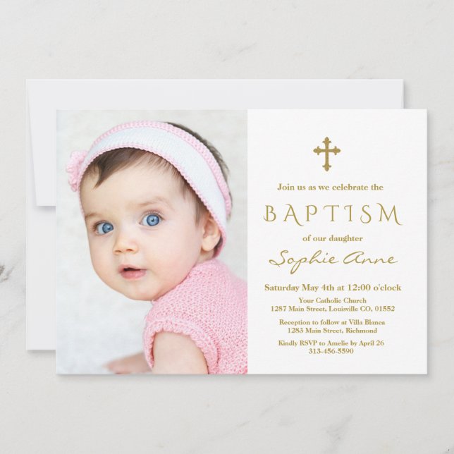 Modern Photo Girl Gold Cross Baptism Invitation (Front)