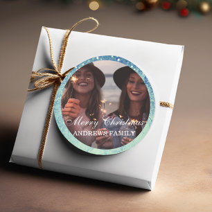  Modern Photo Glitter Merry Christmas  Classic Rou Round Sticker