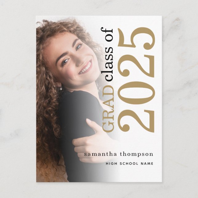 Modern Photo Gold Black 2023 Graduation  Announcement Postcard (Front)