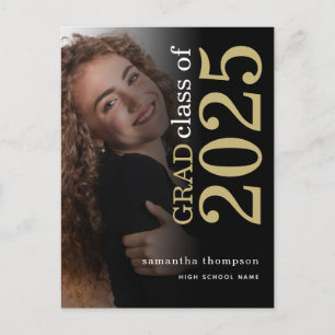 Modern Photo Gold Black 2023 Graduation Announcement Postcard