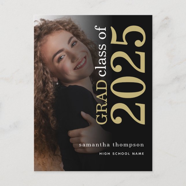 Modern Photo Gold Black 2023 Graduation Announcement Postcard (Front)