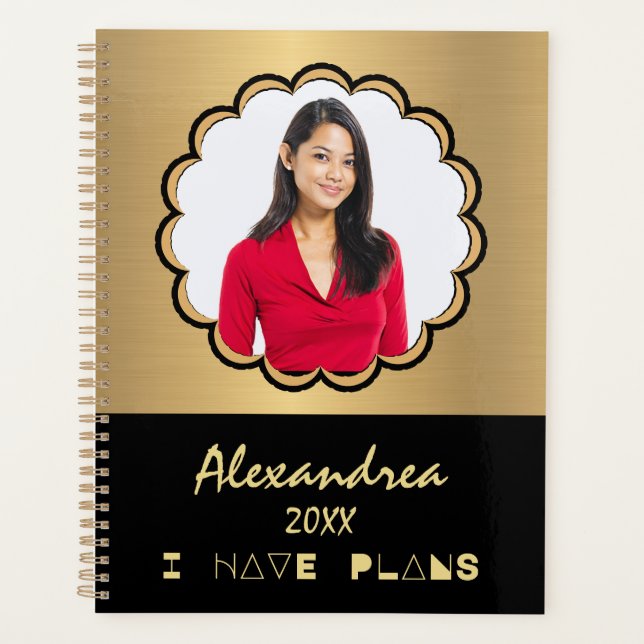 Modern Photo Gold Black Elegant Personalise Planner (Front)
