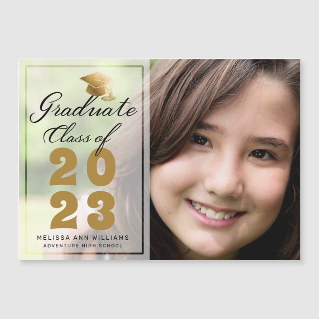 Modern Photo Gold Black Script 2023 Graduate Card (Front)