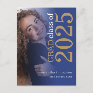 Modern Photo Gold Blue 2024 Graduation Announcement Postcard