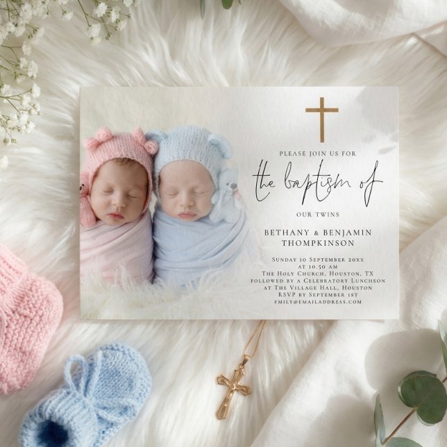 Modern Photo Gold Cross Twins Baptism  Invitation (Creator Uploaded)