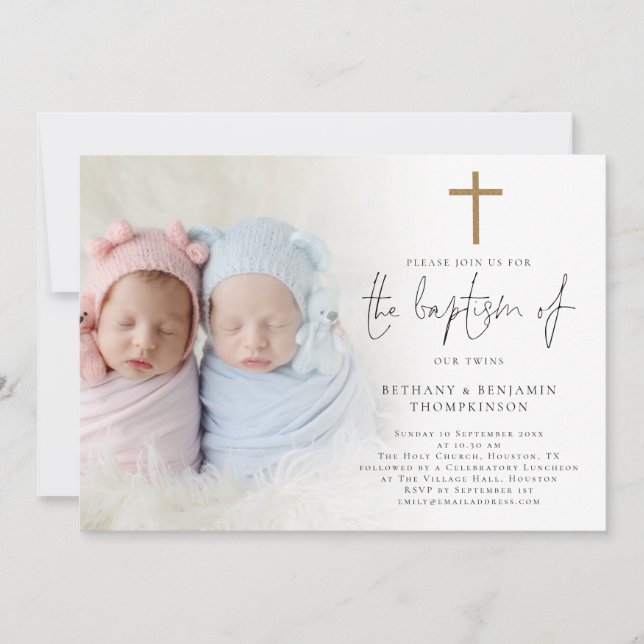 Modern Photo Gold Cross Twins Baptism  Invitation (Front)