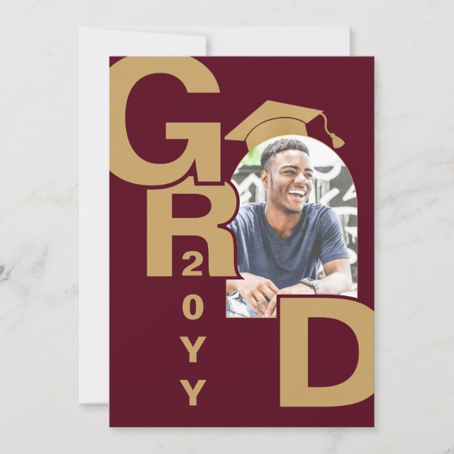 Modern Photo Gold Maroon Graduation Invitation (Front)