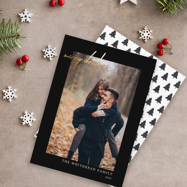 Modern Photo Gold Merry Christmas Black Holiday Card (Creator Uploaded)