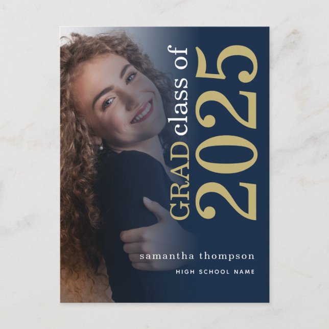 Modern Photo Gold Navy 2025 Graduation  Announcement Postcard (Front)