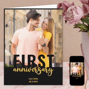 Modern Photo Gold Script 1st Wedding Anniversary Card