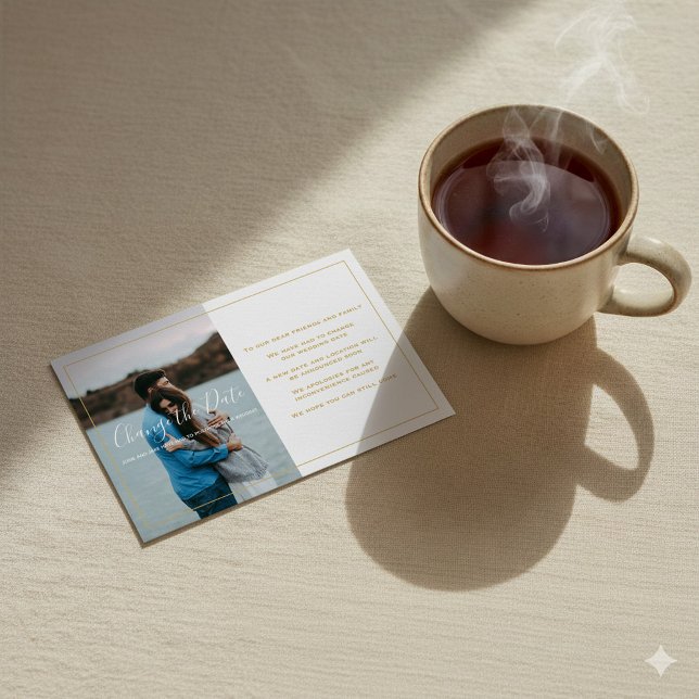 Modern photo, gold text change the date card (Modern photo, gold text change the date card with minimal gold border.)
