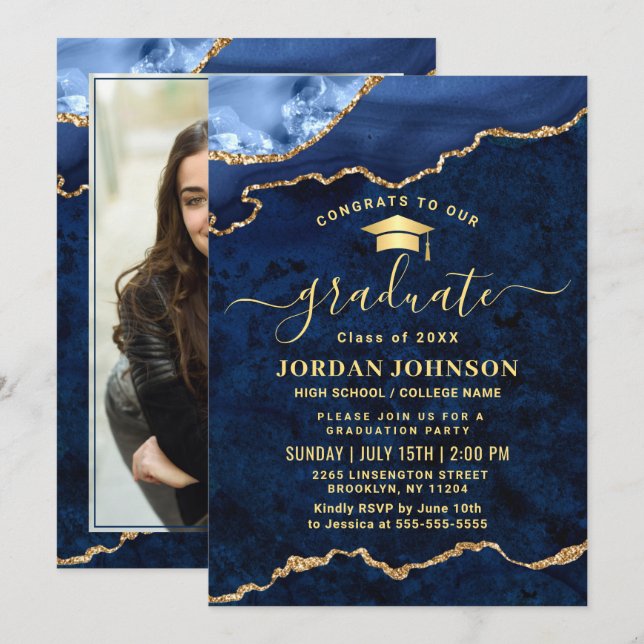 Modern PHOTO Golden Blue Marble Graduation Party  Invitation (Front/Back)