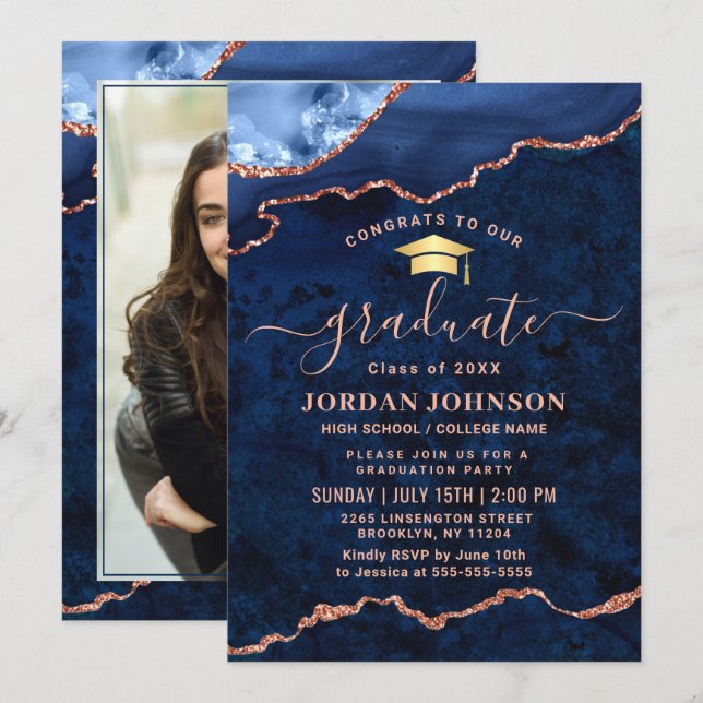 Modern PHOTO Golden Blue Marble Graduation Party  Invitation (Front/Back)