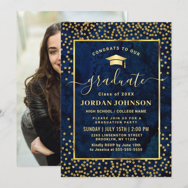 Modern PHOTO Golden Blue Marble Graduation Party Invitation (Front/Back)