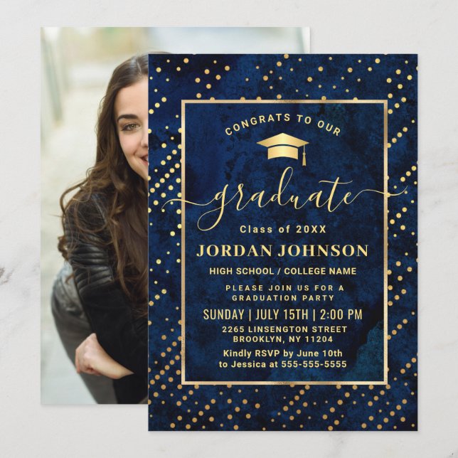 Modern PHOTO Golden Blue Marble Graduation Party Invitation (Front/Back)